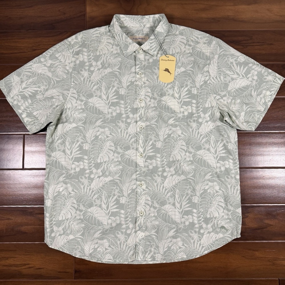 Tommy Bahama Men's Size XXL Mint Green Tropical Print Cotton Button Up Shirt S/S